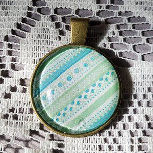 Green Stripes Glass Cabochon Pendant - Handmade